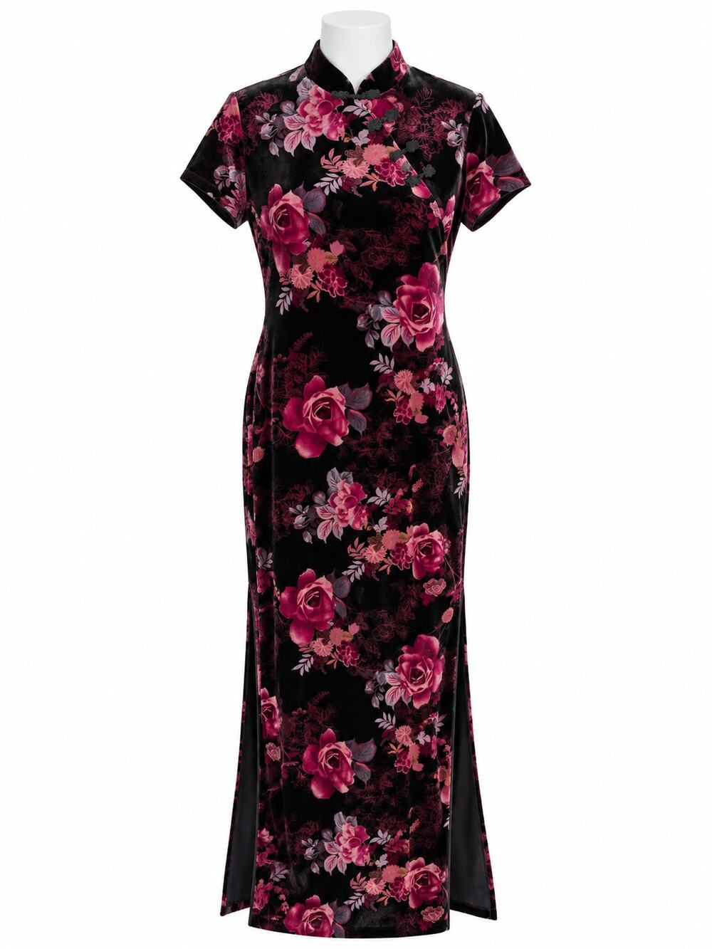 Mandarin Collar Velvet Floral Maxi Dress Fall Wedding Guest Social Circles 12